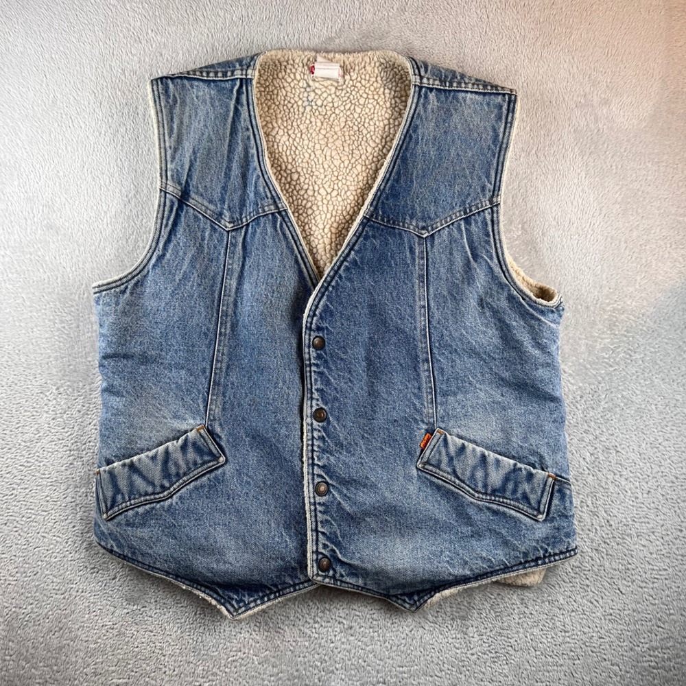 Vintage Levis Sherpa Lined Denim Vest Mens XL Orange Tab Blue Western USA Made